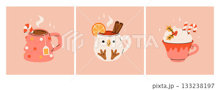 Christmas hot drink collection. Flat cartoon beverages. Holiday cute mugs with hot cocoa, coffee, and mulled wine. New year drinks decorated with sweets and candy. Isolated vector illustration 133238197