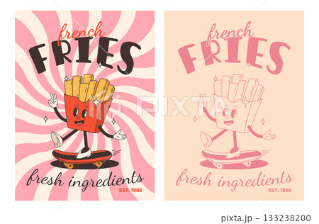 Set of fast food posters. Retro groovy cards with street food characters. Brochure with funky groovy burger, french fries, soda, ice cream, donut, pie, coffee to go, sandwich. Fast food delivery Set of fast food posters. Retro groovy cards with street food characters. Brochure with funky groovy burger, french fries, soda, ice cream, donut, pie, coffee to go, sandwich. Fast food delivery 133238200