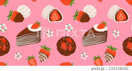 Strawberry flat vector seamless pattern. Summer drinks, sweets and desserts with taste of strawberries. Chocolate strawberry, cookie, sandwich, mochi, cheesecake, tanghulu. Strawberry flat vector seamless pattern. Summer drinks, sweets and desserts with taste of strawberries. Chocolate strawberry, cookie, sandwich, mochi, cheesecake, tanghulu. 133238202