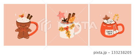 Christmas hot drink collection. Flat cartoon beverages. Holiday cute mugs with hot cocoa, coffee, and mulled wine. New year drinks decorated with sweets and candy. Isolated vector illustration Christmas hot drink collection. Flat cartoon beverages. Holiday cute mugs with hot cocoa, coffee, and mulled wine. New year drinks decorated with sweets and candy. Isolated vector illustration 133238205