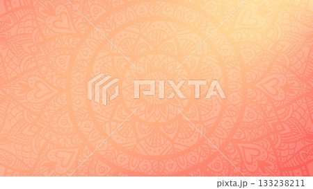 Round mandala on dreamy peach fuzz gradient background. Translucent mesh pattern in the form of a mandala. Mandala with floral patterns. Pastel Yoga template. 133238211