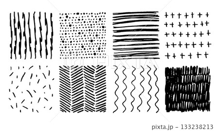 Pencil stroke pattern. Pen doodle scrawl. Hand drawn sketch texture with pencil lines. Cross or parallel hatch. Black and white grunge backgrounds. Vector square hatching shapes set 133238213