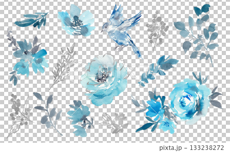 A set of watercolor stylish blue roses, birds, and leaves PNG illustrations. Hand-drawn botanical illustrations. A set of watercolor stylish blue roses, birds, and leaves PNG illustrations. Hand-drawn botanical illustrations. 133238272