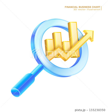 Magnifying glass focuses 3D bar chart with upward trend line, symbolizing business analysis, financial growth and market research. Perfect for data analysis, investment, strategic planning concepts. Magnifying glass focuses 3D bar chart with upward trend line, symbolizing business analysis, financial growth and market research. Perfect for data analysis, investment, strategic planning concepts. 133238350