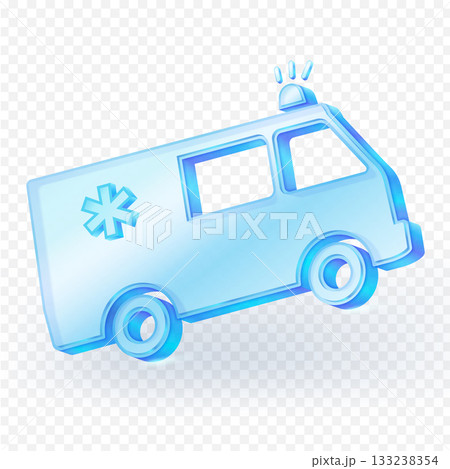 3D glass icon ambulance with an asterisk of life and siren lights. Concept of medical help, rescue, and urgent care. Vector illustration. 3D glass icon ambulance with an asterisk of life and siren lights. Concept of medical help, rescue, and urgent care. Vector illustration. 133238354