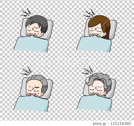 Set of 4 illustrations of adults groaning in their sleep Set of 4 illustrations of adults groaning in their sleep 133238360