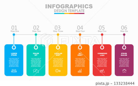 Six-step infographic with colorful tags, icons, and text for business, workflow, or presentation purposes. Vector illustration. 133238444