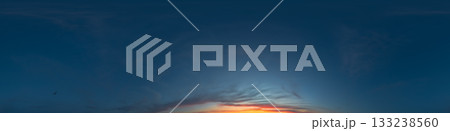 Dark moody twilight Sunset sky 360 panorama with bright glowing red pink Cirrus clouds. HDR 360 seamless spherical panorama. Sky dome for aerial drone panoramas. Climate and weather change 133238560