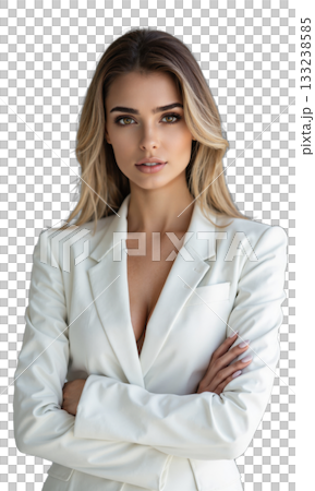 A Middle Eastern female CEO in platinum white, arms crossed, with digital patterns symbolizing her influence in creating global partnerships 133238585