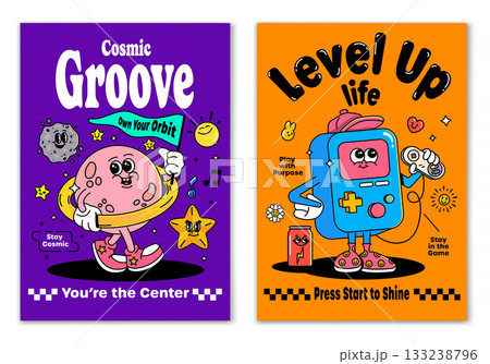 Groovy Gamer & Planet Poster Set  Funky Retro Gaming and Space Exploration Art 133238796