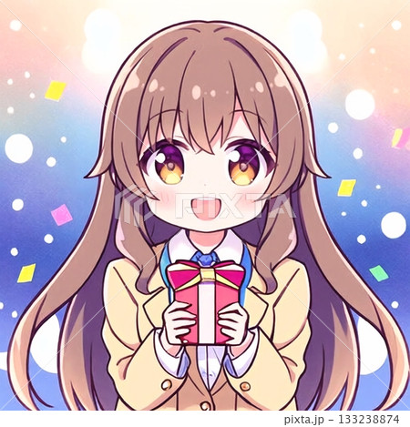 笑顔でギフトを持つ制服姿のキャラクター、紙吹雪と光に包まれた祝祭的なアニメ風イラスト素材 133238874