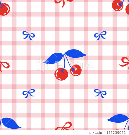 Cherry bow gingham seamless pattern. Cute decorative check background with cherries, bows and pastel elements for girly designs. Vector seamless pattern square tile. Cherry bow gingham seamless pattern. Cute decorative check background with cherries, bows and pastel elements for girly designs. Vector seamless pattern square tile. 133239021