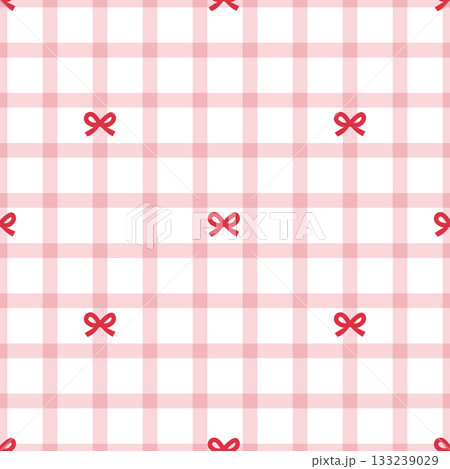 Cute ribbon plaid seamless pattern. Soft pastel check background with decorative bows for wrapping, textile and girly design. 133239029