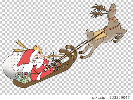 Color illustration of Santa Claus riding a sleigh with reindeer and carrying presents Color illustration of Santa Claus riding a sleigh with reindeer and carrying presents 133239047