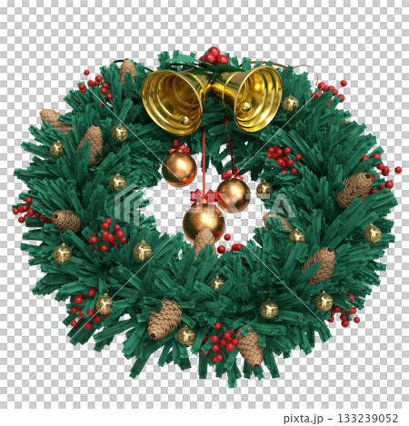 Christmas Wreath with Bells and Ornaments PNG image 3D render. Christmas Wreath with Bells and Ornaments PNG image 3D render. 133239052