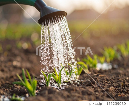 発芽に水やりする様子 133239080