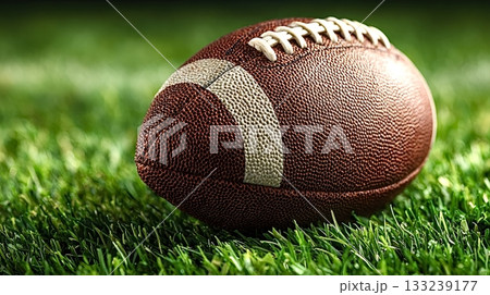 American football lying on lush green grass field 133239177