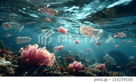 Plastic bottles polluting ocean water near coral reef Plastic bottles polluting ocean water near coral reef 133239188