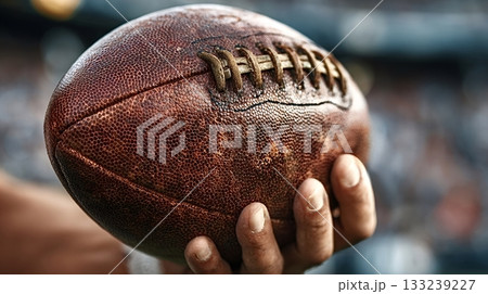 Player holding american football ball in stadium 133239227