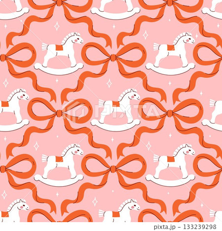 Seamless pattern with rocking horses and bows. Vector graphics. Seamless pattern with rocking horses and bows. Vector graphics. 133239298