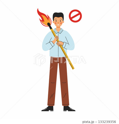 man holds large burning match. Fire safety measures. Vector illustration in cartoon style. 133239356