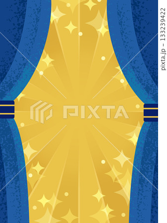 青いカーテンと金色の輝く放射光背景／豪華なステージ演出デザイン（縦） 133239422