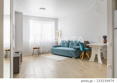 Cozy Bright Living Room Interior with Blue Sofa and Dining Table 133239474