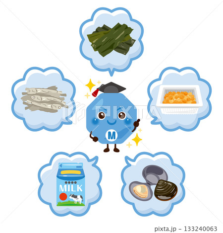 様々なミネラルを多く含む食品とミネラルのキャラクターイラストセット 133240063