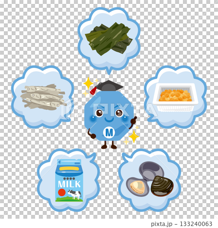 一組富含各種礦物質的食物和礦物質的角色插畫 133240063