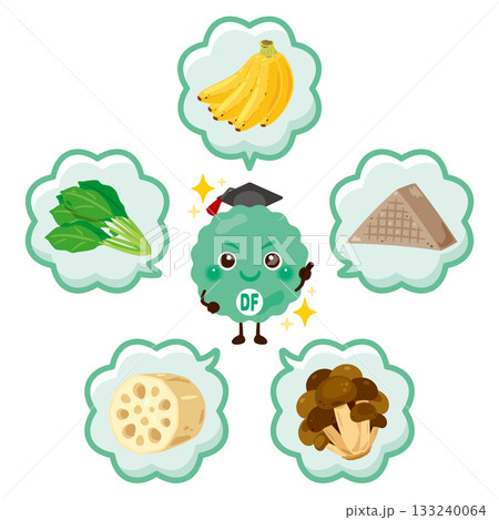 様々な食物繊維を多く含む食品と食物繊維のキャラクターイラストセット 様々な食物繊維を多く含む食品と食物繊維のキャラクターイラストセット 133240064