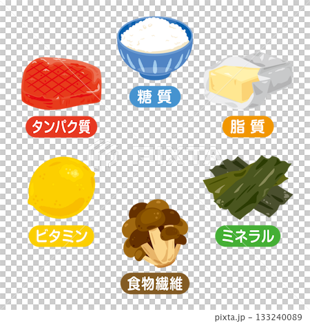Food illustration set of the six major nutrients in Japanese 133240089