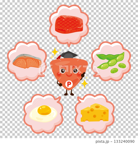 様々なタンパク質を多く含む食品とタンパク質のキャラクターイラストセット 133240090