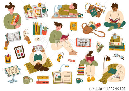 Vector illustration set with cozy reading moments and book accessories. Flat cartoon people with books in various poses, bookmarks, study scenes, stacks, cozy nooks for warm self care collection 133240191