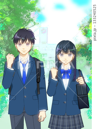 校舎を背景にした高校生または中学生の男女のアニメ風イラスト 校舎を背景にした高校生または中学生の男女のアニメ風イラスト 133240525
