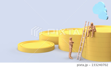 The Miniature People with Ladder and Stacked Coins 3d rendering. 133240702