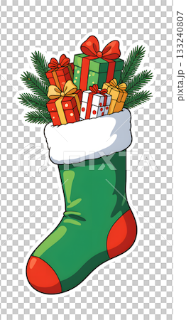 Illustration of a sock containing a Christmas gift. Boots icon material. 133240807