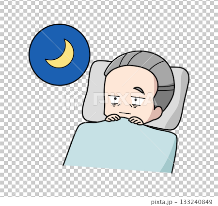 Illustration of an elderly man who can't sleep because he's awake Illustration of an elderly man who can't sleep because he's awake 133240849
