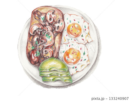 朝食プレートの手描き色鉛筆イラスト 133240907