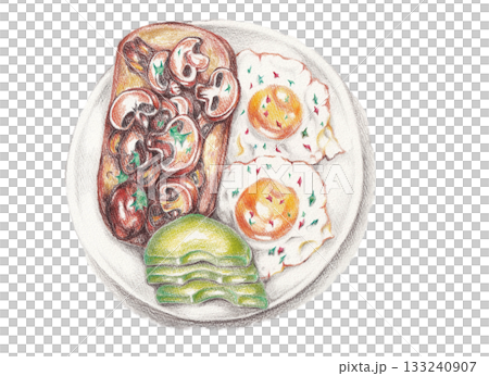 朝食プレートの手描き色鉛筆イラスト 133240907