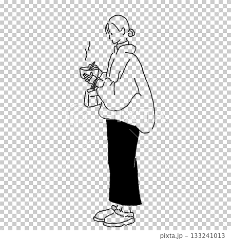 單色線條畫插圖,描繪了一位女士正在享用冬季街頭小吃。 單色線條畫插圖,描繪了一位女士正在享用冬季街頭小吃。 133241013