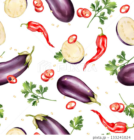 Seamless pattern featuring whole eggplants, eggplant slices, red chili peppers, and fresh parsley on white background. Design for packaging food products, restaurant branding, or spicy sauce labels. 133241024