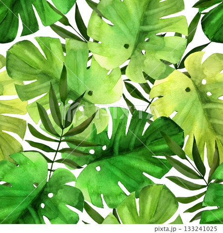 Seamless pattern Illustration featuring hand-drawn watercolor tropical leaves such as Monstera and palm scattered on white background. Design for summer fashion, swimwear or home decor Seamless pattern Illustration featuring hand-drawn watercolor tropical leaves such as Monstera and palm scattered on white background. Design for summer fashion, swimwear or home decor 133241025