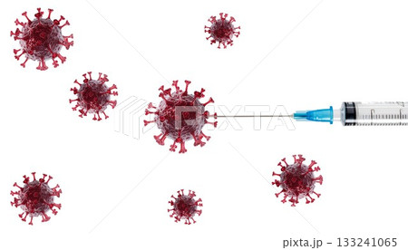白背景に浮かぶウイルスと注射器のワクチン接種イメージ　generative ai 133241065