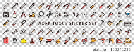 手繪工具和工作工具插圖貼紙組。向量素材，適用於建築、建築工地和工具相關主題。 133241236