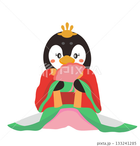 雛人形の女雛の格好で立つペンギンのイラスト 133241285
