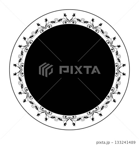 Black and white round frame with floral pattern. Monochrome plate with floral design. Vintage, ethnic vector frame with arabesques EPS. For round surfaces, textiles, embroidery, porcelain. Black and white round frame with floral pattern. Monochrome plate with floral design. Vintage, ethnic vector frame with arabesques EPS. For round surfaces, textiles, embroidery, porcelain. 133241489