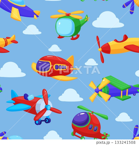 Cartoon planes seamless pattern. Children air transport toys, various plastic helicopter and airplane. Boys print template, nowaday vector background Cartoon planes seamless pattern. Children air transport toys, various plastic helicopter and airplane. Boys print template, nowaday vector background 133241508