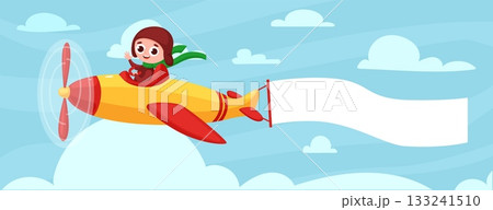 Kid pilot with banner. Boy flying on airplane in sky wearing retro uniform. Children adventures concept, ad in air. Traveller nowaday vector background 133241510