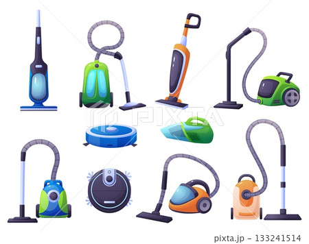 Vacuum cleaners. Cartoon electric device for house cleaning. Household appliances, robot vacuum cleaner and handy machine, clean service nowaday vector tools 133241514
