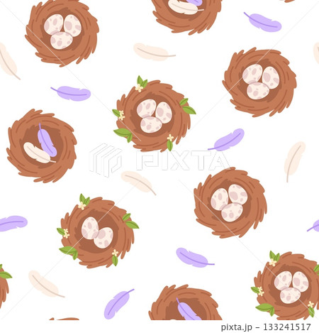 Birds nest seamless pattern. Nests with eggs and bird feathers. Easter sprint seasonal print for fabric or paper wrapping. Cartoon racy vector background 133241517